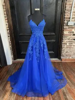 Королевский синий Пром платья кружева аппликация Кристалл V шеи спагетти ремень линии длинные вечерние платья на заказ