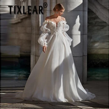 Кружевная Аппликация TIXLEAR, Модное Свадебное платье-Спагетти с вырезом Лодочкой, Элегантные Пышные рукава, Свадебное платье из Тюля, Vestidos De Novia 2023