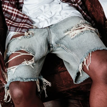 Модные мужские Летние джинсовые короткие штаны с дырками в стиле хип-хоп, джинсовые шорты с грубым краем, Капри