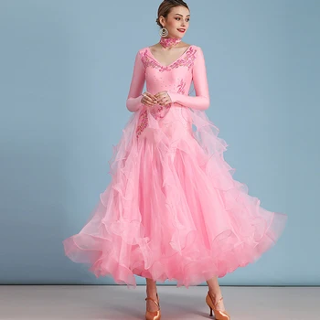 Стандартные платья для бальных танцев высокого качества с длинным рукавом, юбка для танцев фламенко, женское Дешевое платье для бальных танцев для сценического вальса