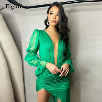 2022 Зеленые мини-вечерние платья с длинными рукавами и глубоким V-образным вырезом, Простые праздничные вечерние платья для выпускного вечера