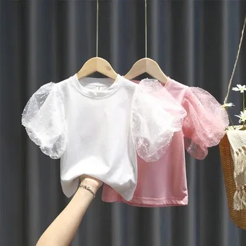 Модная Летняя Хлопковая футболка Для маленьких Девочек с Пышными рукавами, Кружевная рубашка Pincess Для маленьких Девочек, Футболка с коротким рукавом и круглым вырезом, Однотонная блузка