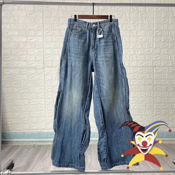 Джинсы волны Мужчины женщины Синий свет Промывают джинсовые брюки большого размера