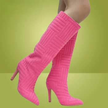 Совершенно Новые женские сапоги до колена на тонком каблуке с острым носком, Пикантные Вечерние Сапоги, Женская клубная обувь из флока для женщин
