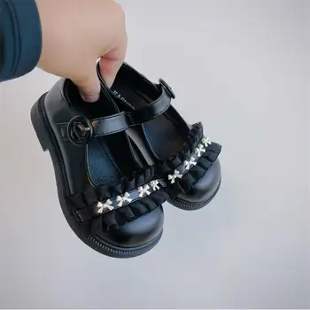 Новинка весны 2023 года; Детская обувь; Милые кружевные туфли Принцессы для маленьких девочек; Модные кожаные туфли в корейском стиле для девочек; цвет черный, бежевый