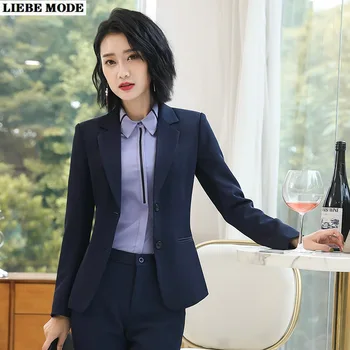 Офисный Женский брючный костюм для женщин, формальный черный комплект из 2 предметов, Корейская модная деловая повседневная рабочая одежда, куртка и комплект брюк