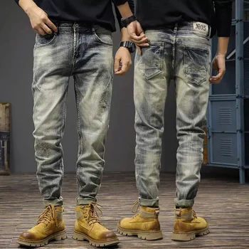 Модные дизайнерские Мужские джинсы в стиле ретро, Эластичные, облегающие Рваные джинсы, Мужские заплатанные винтажные повседневные джинсовые брюки Hombre