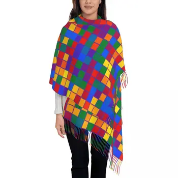 Гей-прайд цветные округлые квадратов сетки шарф для женщин роскошные Осень Зима Шаль обертывания ЛГБТ ЛГБТ Радуга кисточкой лесбиянки обертывания