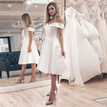 Новые модные Белые Короткие Свадебные атласные платья с короткими рукавами-колпачками 2023 Vestido De Renda Curto Bride Dresses