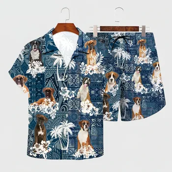 Рубашка Летний Гавайский комплект с 3D принтом Гавайская Рубашка + Пляжные Шорты Мужская Для Женщин Забавная Одежда для собак