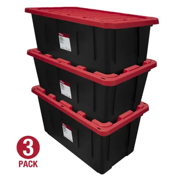 Сверхпрочный Пластиковый Контейнер для хранения с защелкивающейся крышкой объемом 40 галлонов, черный с красной крышкой, Набор из 3 ящиков для хранения, коробка-органайзер