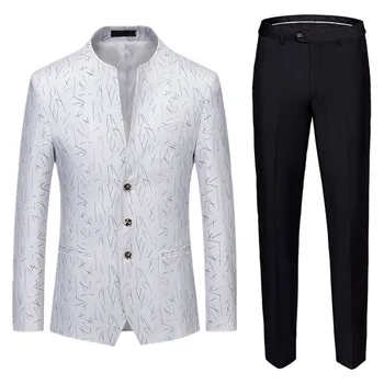 Модный уникальный комплект из 2 предметов со стоячим воротником, однобортная мужская куртка с принтом и однотонные брюки большого размера S-6XL