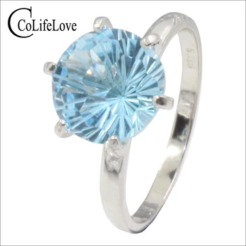 Классическое кольцо с голубым топазом для вечеринки круглой огранки 10 мм, натуральный VVS топаз, серебряное кольцо с серебряным топазом 925 пробы, изысканные ювелирные изделия