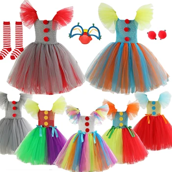 Платье для костюма Клоуна на Хэллоуин для девочки, Нарядное Карнавальное платье-пачка Принцессы с пышными рукавами, Детский наряд Vestido с носками