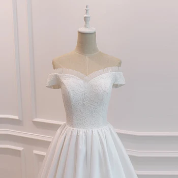 Женское Атласное Свадебное платье Трапециевидной формы с коротким рукавом, Большие размеры, Простое Пляжное свадебное платье Принцессы на шнуровке