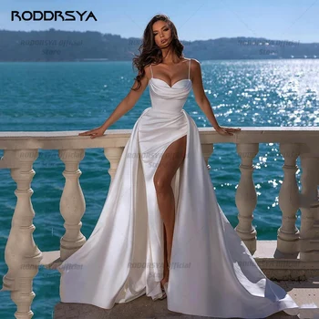 RODDRSYA Элегантное Пляжное свадебное платье с длинным Шлейфом, Атласные складки, Свадебные платья с высоким Разрезом, Сексуальная Свадебная вечеринка в винтажном стиле Vestido De Novia