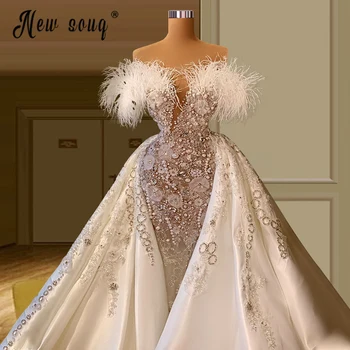 Роскошное Свадебное платье в Арабском стиле с Жемчугом 2022, Атласное бальное платье с открытыми плечами, расшитое бисером, Свадебное платье со съемным шлейфом, большие размеры, Vestido