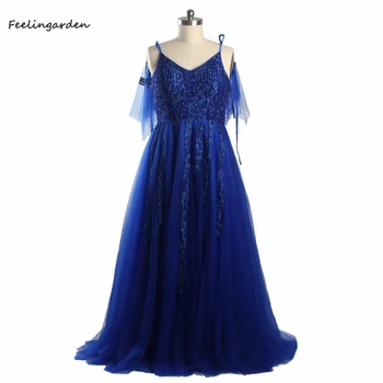 Вечерние платья Королевского синего цвета из тюля с вышивкой, Глубокий V-образный вырез, без рукавов, расшитый бисером, на шнуровке, Женское платье трапециевидной формы, Большие размеры, вечернее платье B215