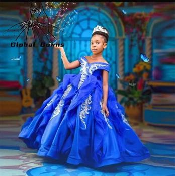 Бальные платья Принцессы Королевского синего цвета для девочек с открытыми плечами, кружевные аппликации, платье для Вечеринки по случаю Дня рождения, длина до пола, Детские платья, Вечерние платья