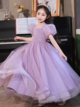 Платье для выступления на фортепиано для девочек, фиолетовый квадратный воротник, платья с цветочным узором для девочек, платья для свадебной вечеринки, жемчуг, выпускной, тюлевые платья принцессы