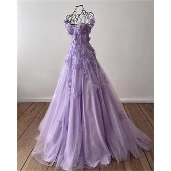 Милое тюлевое вечернее платье принцессы с 3D цветами, фиолетовое платье для выпускного вечера, вечернее платье ручной работы