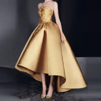 Высокое Низкое Золотое Вечернее Платье 2021 Vestido De Noiva, Атласные Платья Без Бретелек С Аппликациями Для Выпускного Вечера, Robe De Soriee