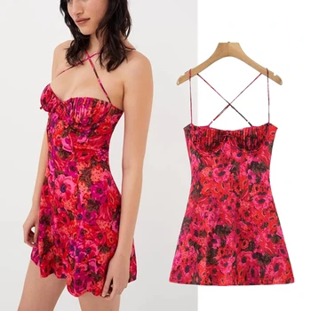 Maxdutti Мини-платье Women2023, Новая модная одежда, летнее платье без бретелек с винтажным цветочным принтом во французском стиле, Хай-стрит, сексуальное