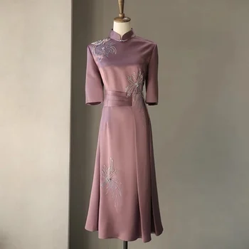 Пыльно-розовое платье Чонсам для матери Невесты, Атласный воротник-стойка, Аппликация из жемчужного бисера, Половина рукава, Свадебное Платье Высокого класса