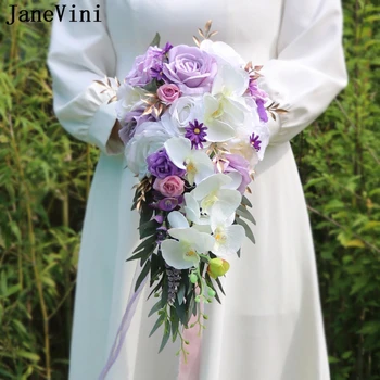 JaneVini Фиолетовый Букет Невесты с Водопадом, Искусственные Шелковые Каскадные цветы, Белая Орхидея-Мотылек, Свадебные букеты Невесты