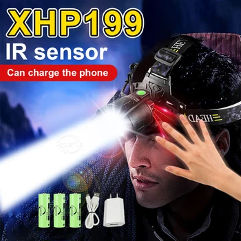 XHP199 Мощный светодиодный Налобный фонарь с ИК-датчиком, головной фонарь для рыбалки, фара высокой мощности 18650, Перезаряжаемый USB Светодиодный фонарь