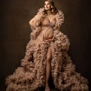 Свадебные платья для беременных цвета Шампанского, оборки для фотосессии, Тюль, Трапециевидная развертка, Пижамы со шлейфом, Женское платье для беременных для фотосессии