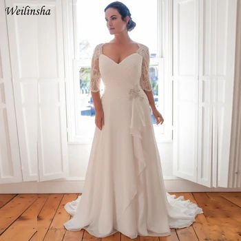 Weilinsha Дешевое Свадебное платье Большого размера с Коротким рукавом, Кружевные Шифоновые Свадебные платья на заказ, Vestidos De Novia