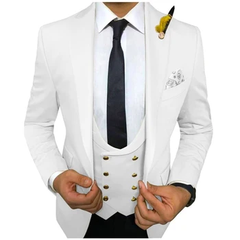 Облегающие белые повседневные мужские костюмы для званого ужина, свадебный смокинг из 3 предметов с двубортным жилетом, черные брюки, мужской модный блейзер