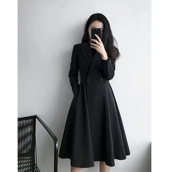 L-5XL, черные тренчи средней длины, женская корейская мода, ветровка, пальто, осенний костюм, воротник, темперамент, тонкая женская верхняя одежда