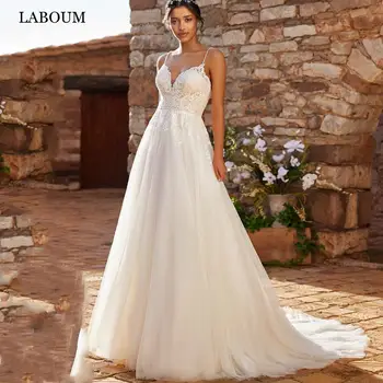 LaBoum, Свадебные платья Трапециевидной формы на бретельках для женщин, Кружевные аппликации, Свадебные платья с открытой спиной на заказ, Robe De Mariée