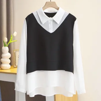 Осенняя одежда 2023, женская рубашка Большого размера, Свободная Повседневная Французская подделка, пэчворк из двух частей, контрастные блузки с длинными рукавами, Кривая