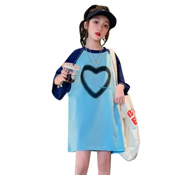 Платье-футболка для девочек, Новые летние свободные футболки с коротким рукавом и круглым воротом, модная детская одежда в стиле пэчворк с принтом сердца, корейские топы