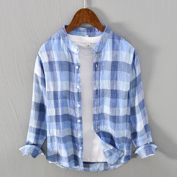 100% Лен, новый стиль, клетчатые рубашки с длинными рукавами и воротником-стойкой, мужская повседневная модная рубашка для мужчин, синие топы, одежда, сорочка camisa