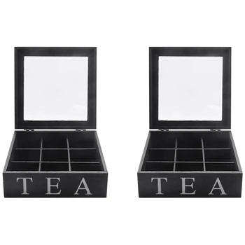 2X Деревянная Коробка для чая с 9 Сетками, Контейнер для Чайных пакетиков, Коробка для хранения, Квадратная Подарочная коробка, Прозрачная Верхняя крышка, Черный