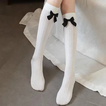 JK Хлопковые Длинные носки в японском стиле, Чулки, черные Кавайные Милые женские Чулки с бантом, гольфы для девочек в стиле Лолиты, Чулки