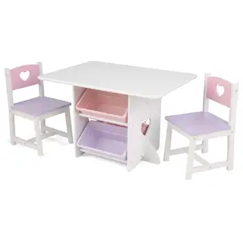 Набор столов и стульев с деревянным сердечком и корзинами, розовый, фиолетовый и белый