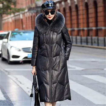 Женское длинное пальто из овечьего пуха, осень-зима, новое корейское кожаное пальто с капюшоном и воротником из лисьего меха, кожаное пуховое пальто большого размера