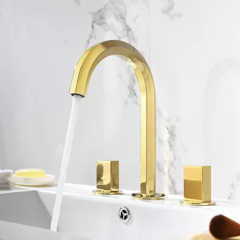 Роскошный золотой латунный смеситель для раковины в ванной комнате Высококачественный художественный кран с двумя ручками и тремя отверстиями для бассейна с холодной и горячей водой