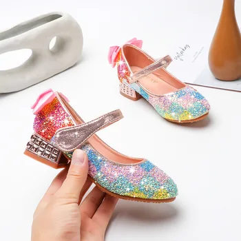 Обувь для танцев для девочек, детская обувь принцессы с блестками, обувь на каблуке с кристаллами для маленькой девочки, обувь дикой студентки