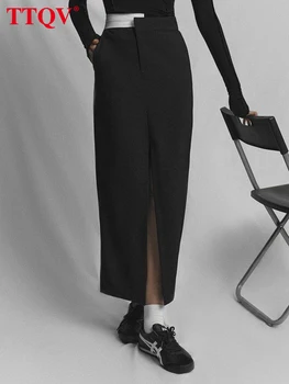 TTQV Элегантная тонкая прямая женская юбка 2023, Модные черные юбки с разрезом в стиле пэчворк, Офисные женские осенние женские юбки длиной до щиколоток