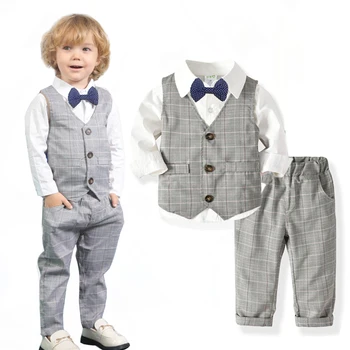 Официальный комплект для мальчиков для малышей, детская одежда, Осенняя белая рубашка + жилет + брюки + бант, 4 предмета, детский день рождения в клетку