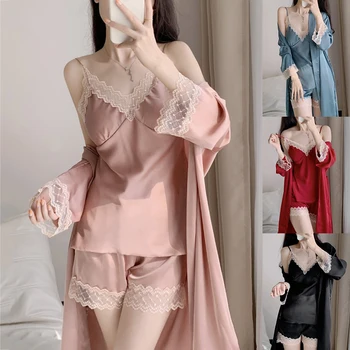 Весенне-летняя Пижама, комплект из трех предметов, Сексуальная Женская Пижама с кружевной отделкой, шорты на бретелях, Пижамный Костюм, Свободная домашняя одежда из Вискозы, одежда для отдыха