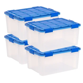 Прокладка WeatherPro ™ на 60 литров, прозрачная пластиковая коробка для хранения с крышкой, синяя, набор из 4