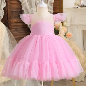 Свадебное платье с цветочным узором для девочек, детская розовая одежда принцессы с бантом для вечеринки по случаю дня рождения, детский праздничный костюм, летнее платье-пачка с рукавами-оборками