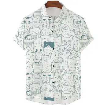 2023 новая гавайская рубашка с рисунком кота и животных из мультфильма, летние большие размеры, короткие рукава